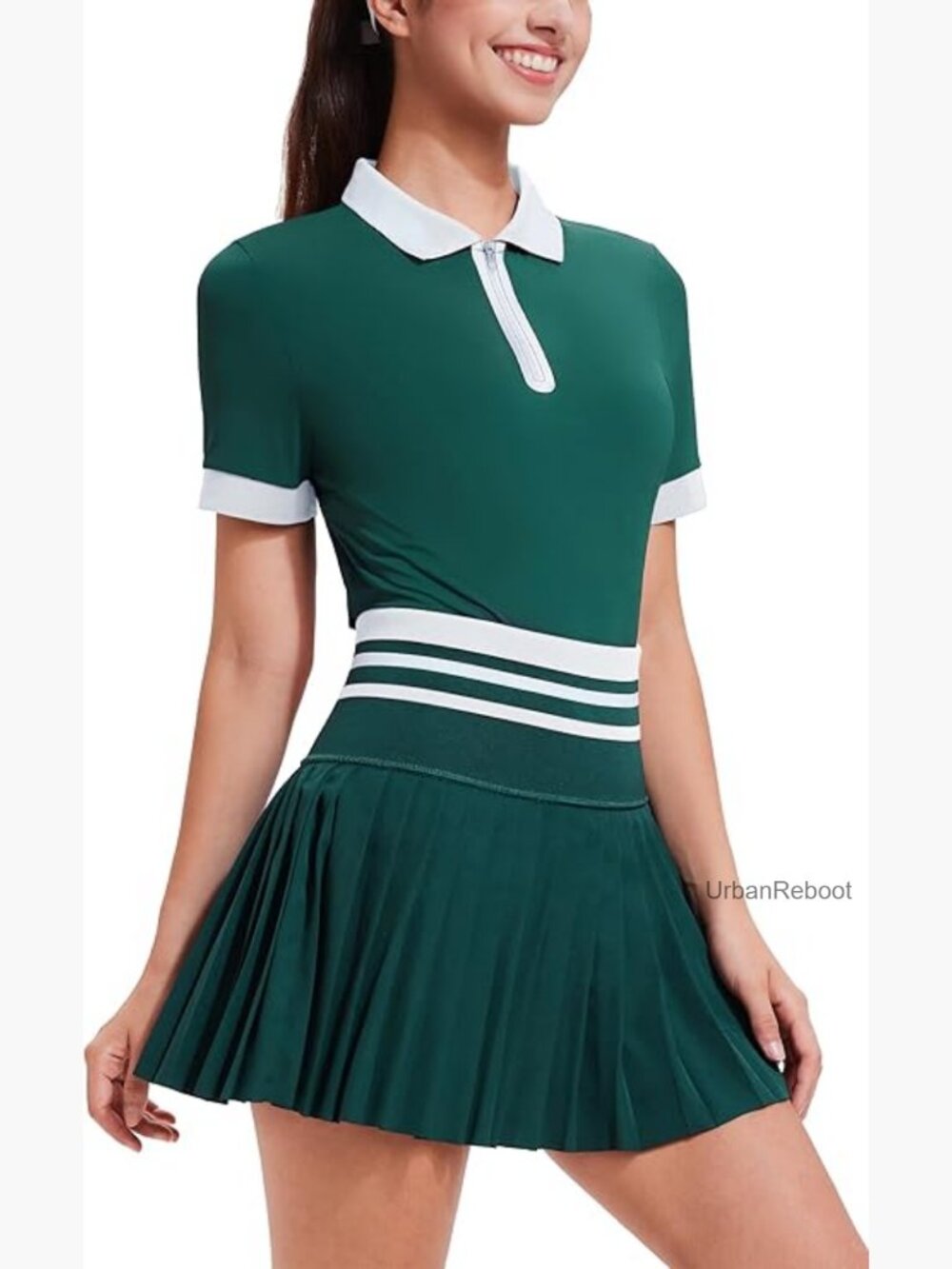High Waisted Two Piece Tennis Skirt Set with Zipper Polo